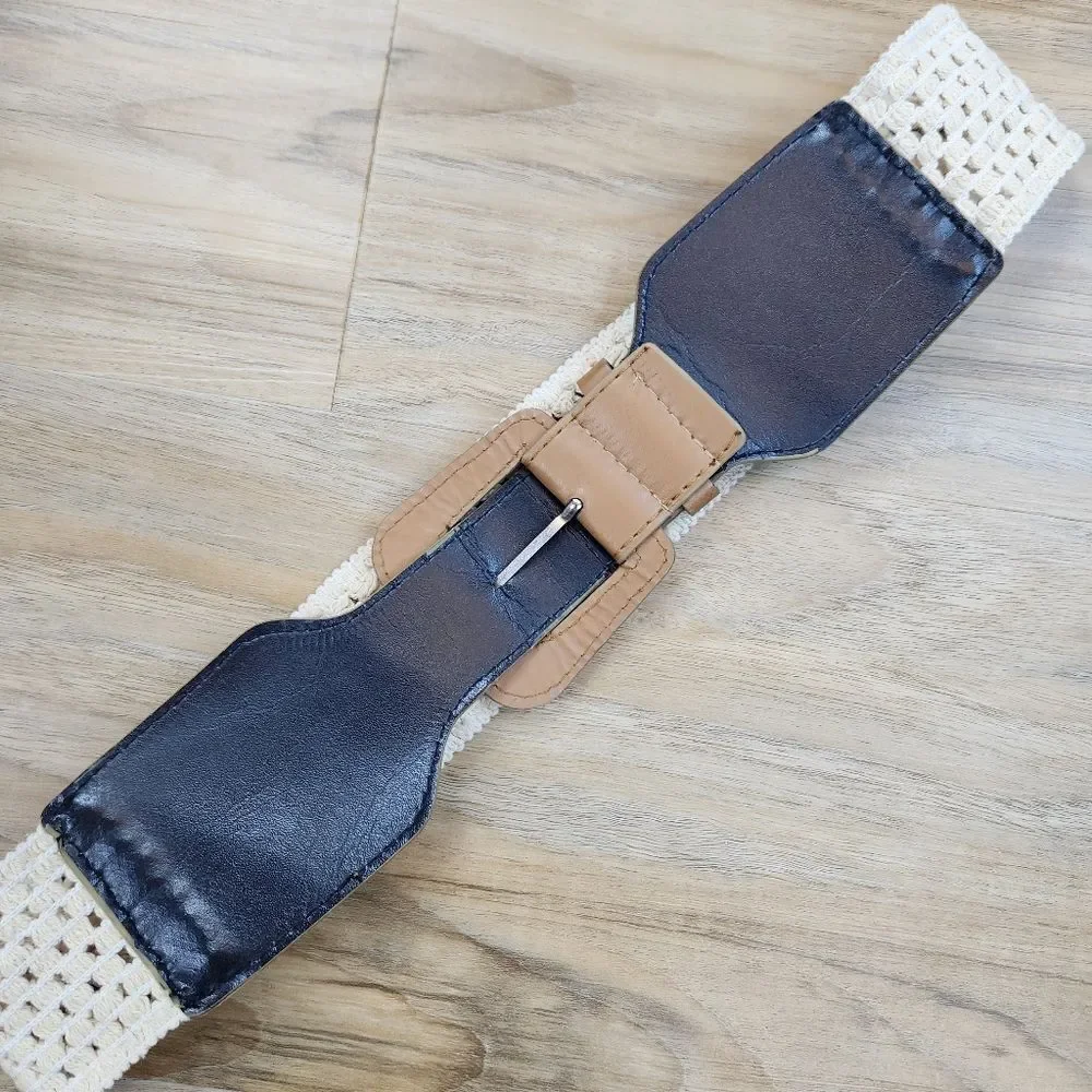 🩵Cream & Brown Wide Elastic Woven Knit Belt Large